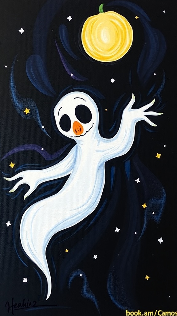 A colorful painting of Zero, the ghost dog from 